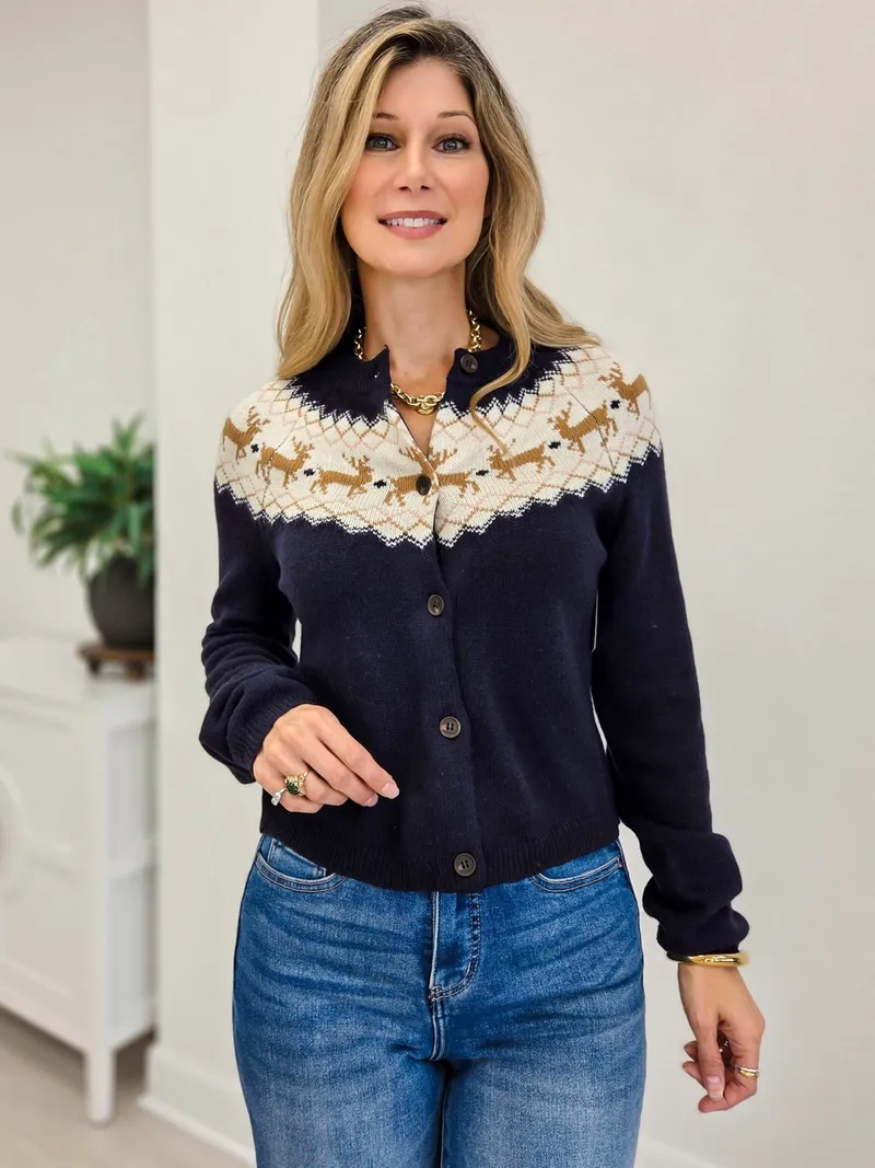The Fjord Cardigan in navy fair isle knit