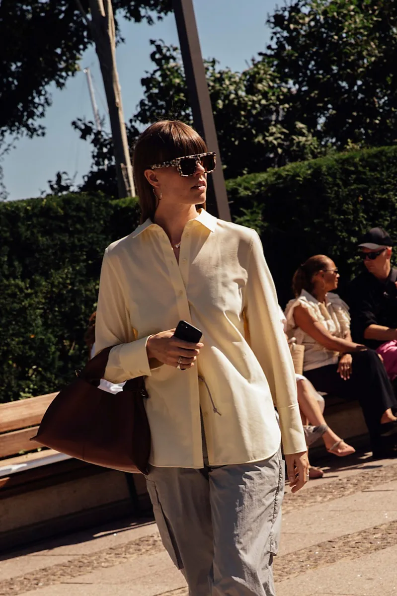 The Citron Shirt worn with tortoiseshell sunglasses